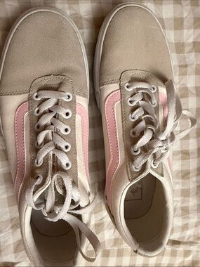 Vans Women's Beige Suede Sneakers with Pink Side Stripe